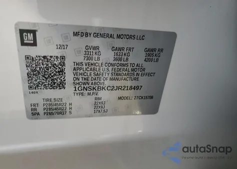 2018 Chevrolet Tahoe K1500 Lt из США, поврежденный, VIN 1GNSKBKC2JR218497